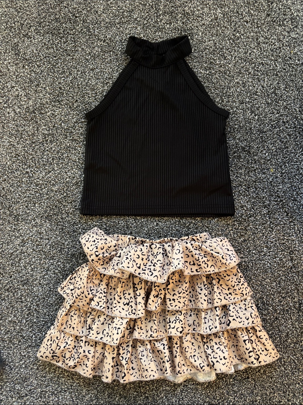 2T Black Ribbed Halter Top with Leopard Ruffle Skirt